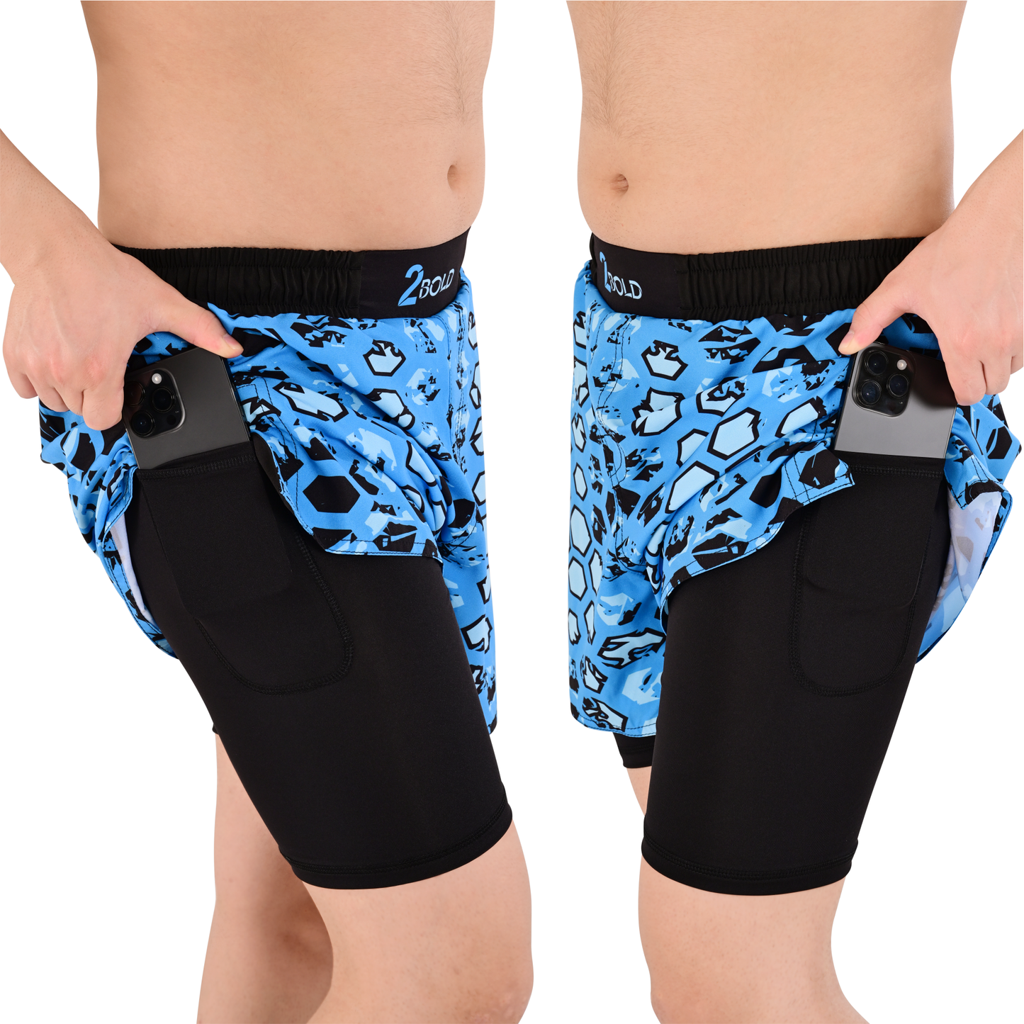 Men's Blue Camo Hybrid Training Shorts – 2-in-1 MMA, BJJ, Running, Gym, Yoga, Sports Shorts with Phone Pocket