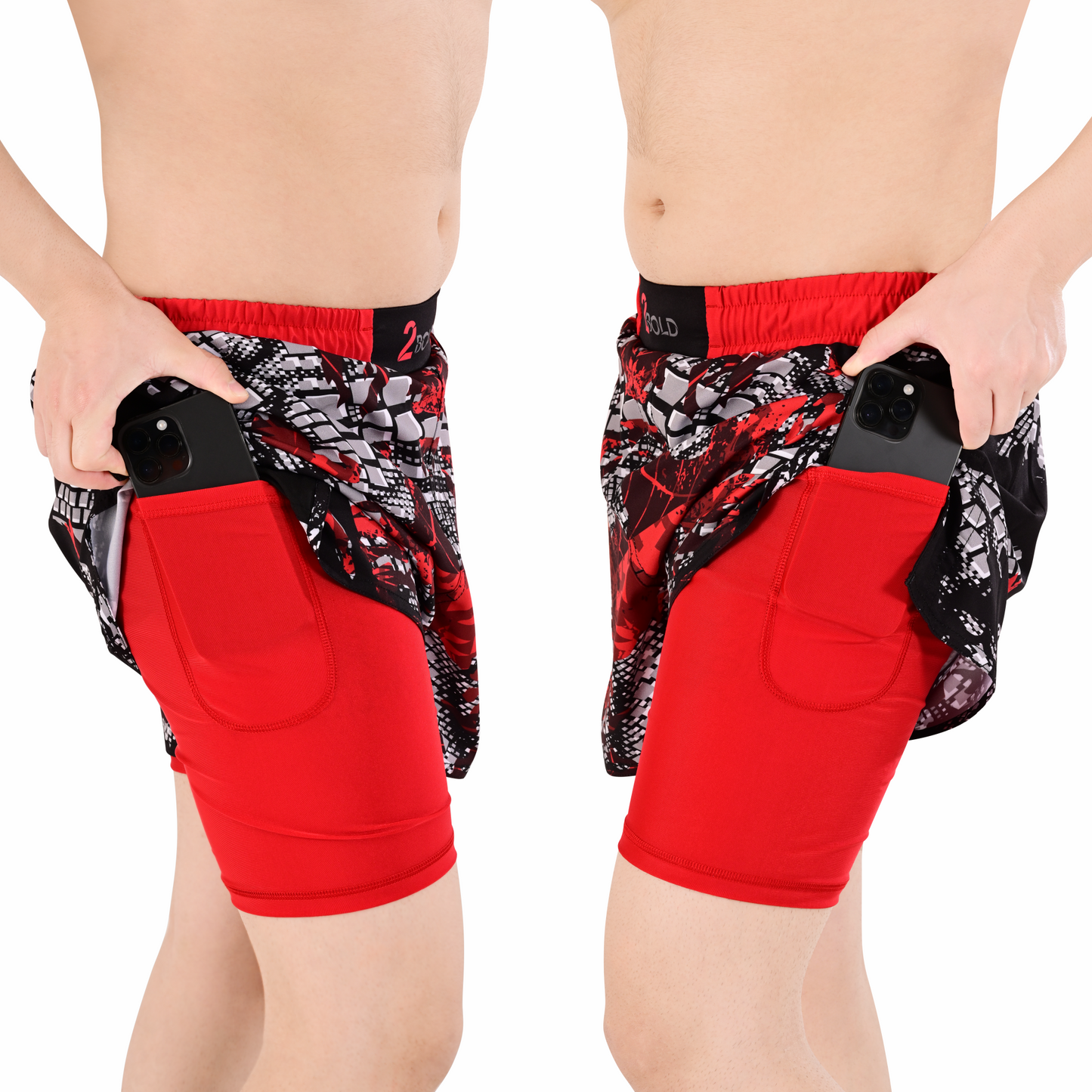 Men's Crimson Red Hybrid Training Shorts – 2-in-1 MMA, BJJ, Running, Gym, Yoga, Sports Shorts with Phone Pocket