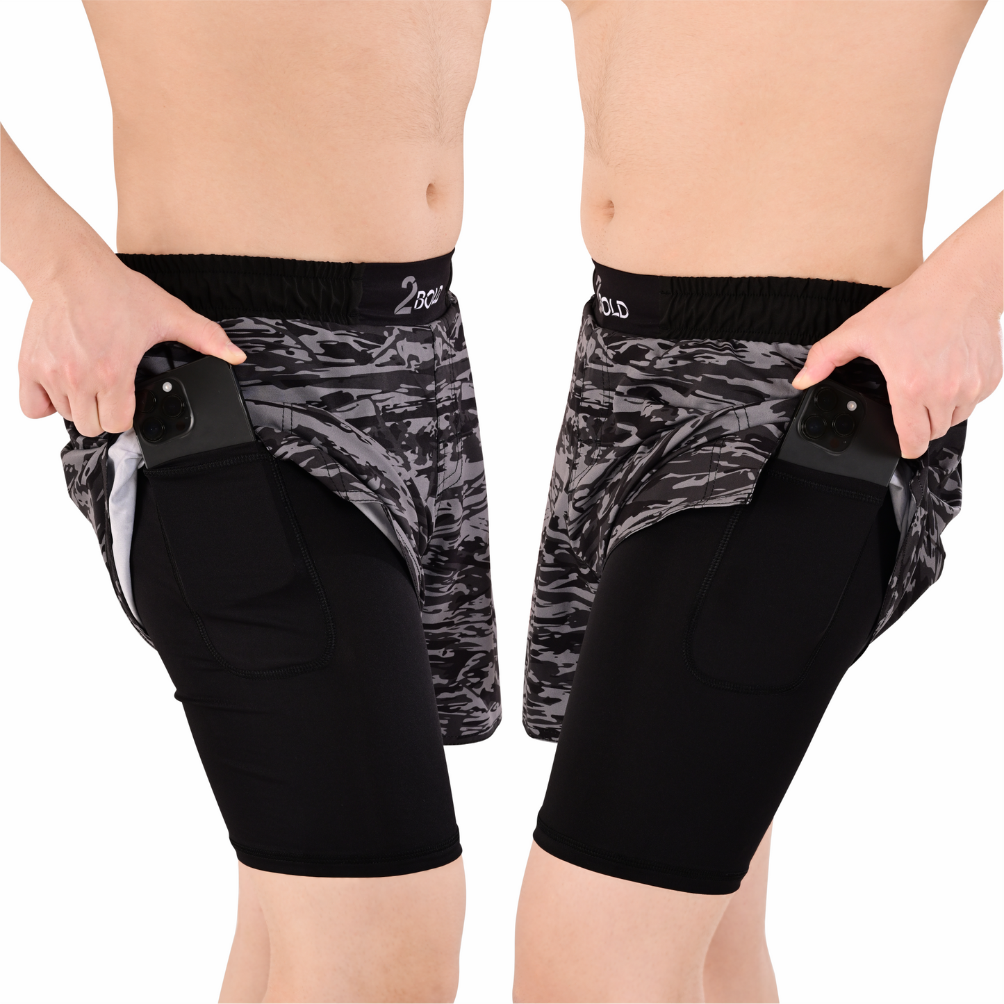 Men's Grey Camo Hybrid Training Shorts – 2-in-1 MMA, BJJ, Running, Gym, Yoga, Sports Shorts with Phone Pocket