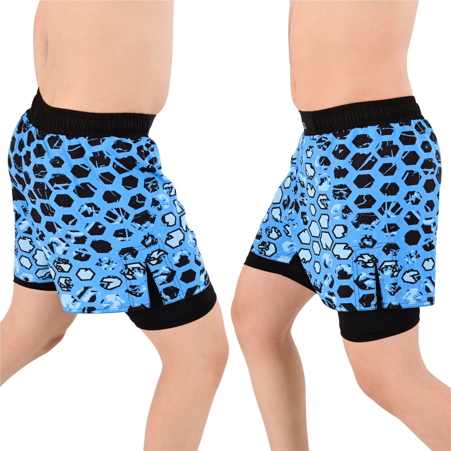 Men's Blue Camo Hybrid Training Shorts – 2-in-1 MMA, BJJ, Running, Gym, Yoga, Sports Shorts with Phone Pocket