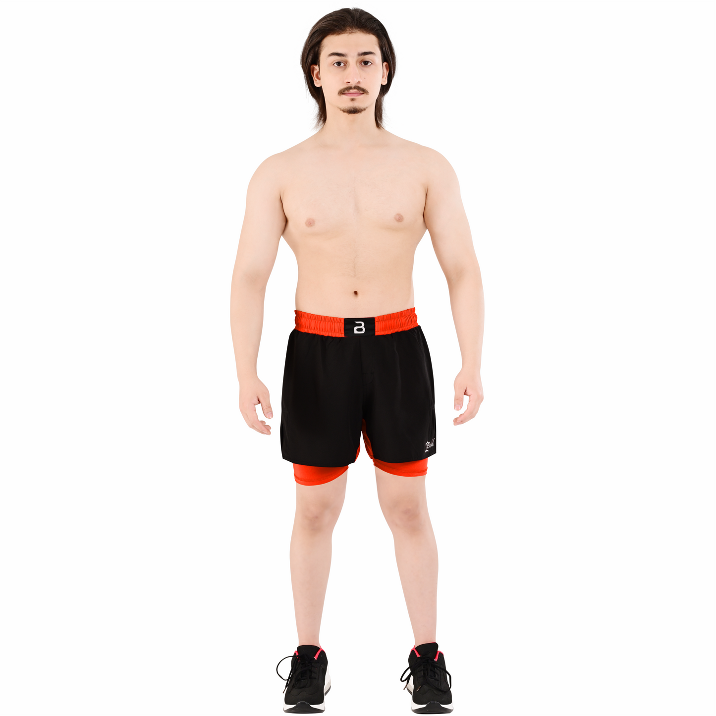 2BOLD Men’s Orange Black Compression Lined Workout Shorts – MMA, Gym, Running
