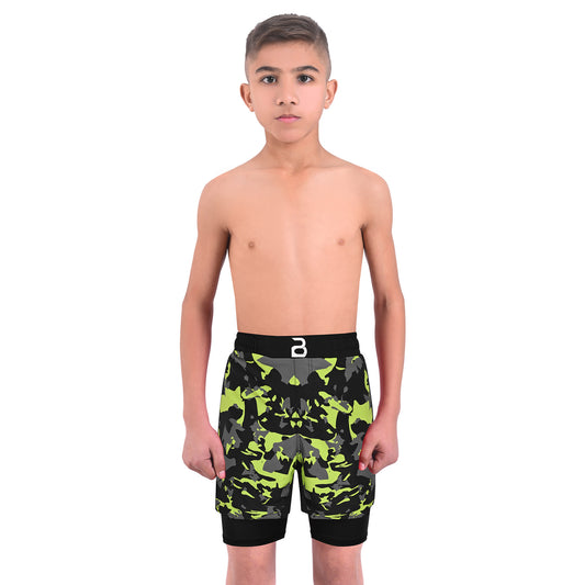 2BOLD Kids Green Camo 2-in-1 Hybrid Shorts – Built for Action, Designed for Champions