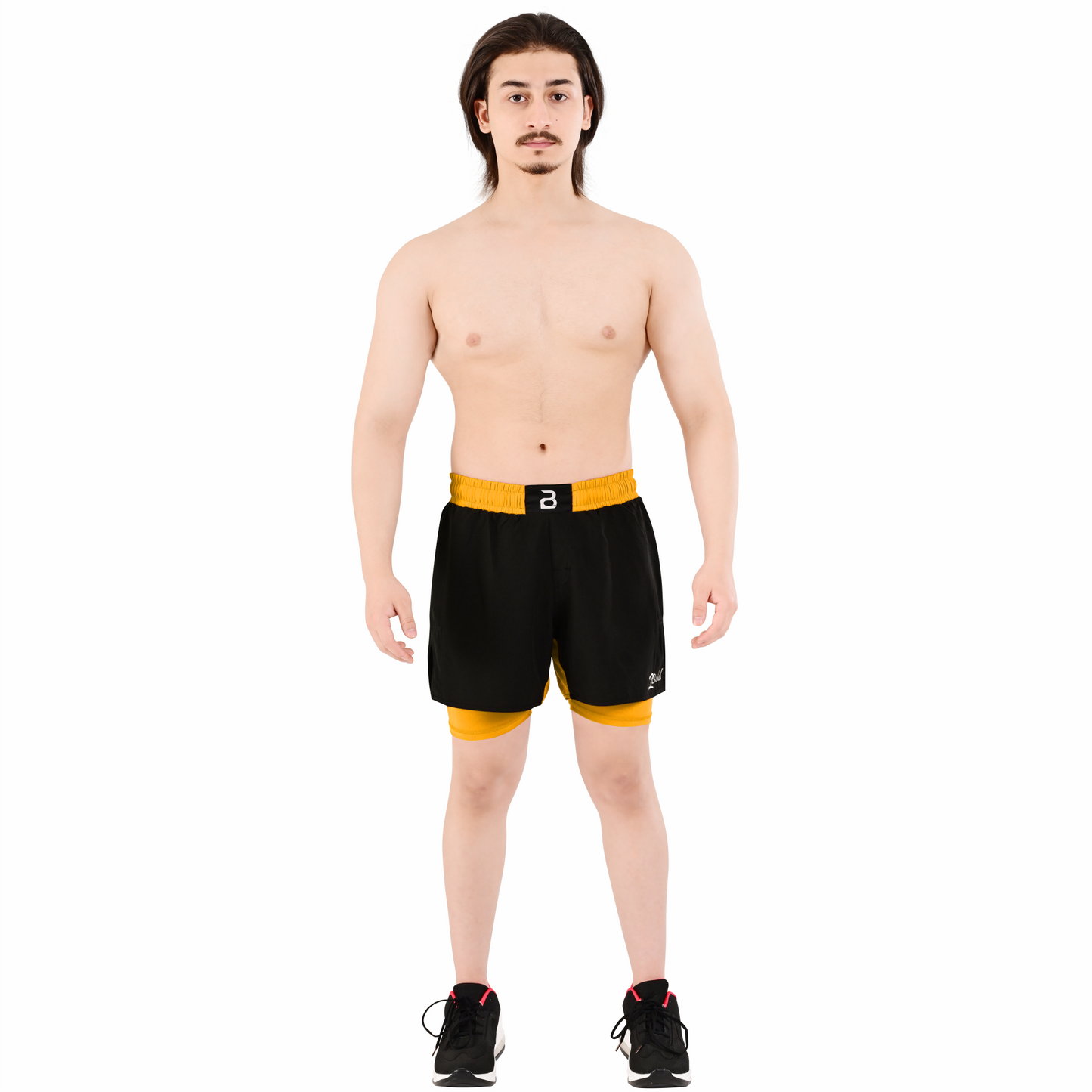 2BOLD Men’s Yellow Black Compression Lined Workout Shorts – MMA, Gym, Running