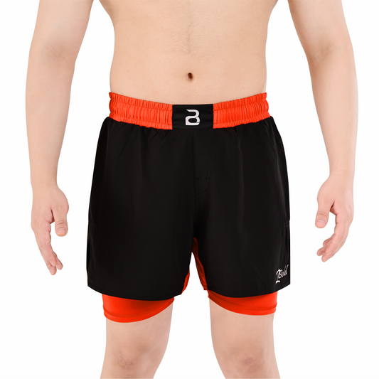2BOLD Men’s Orange Black Compression Lined Workout Shorts – MMA, Gym, Running