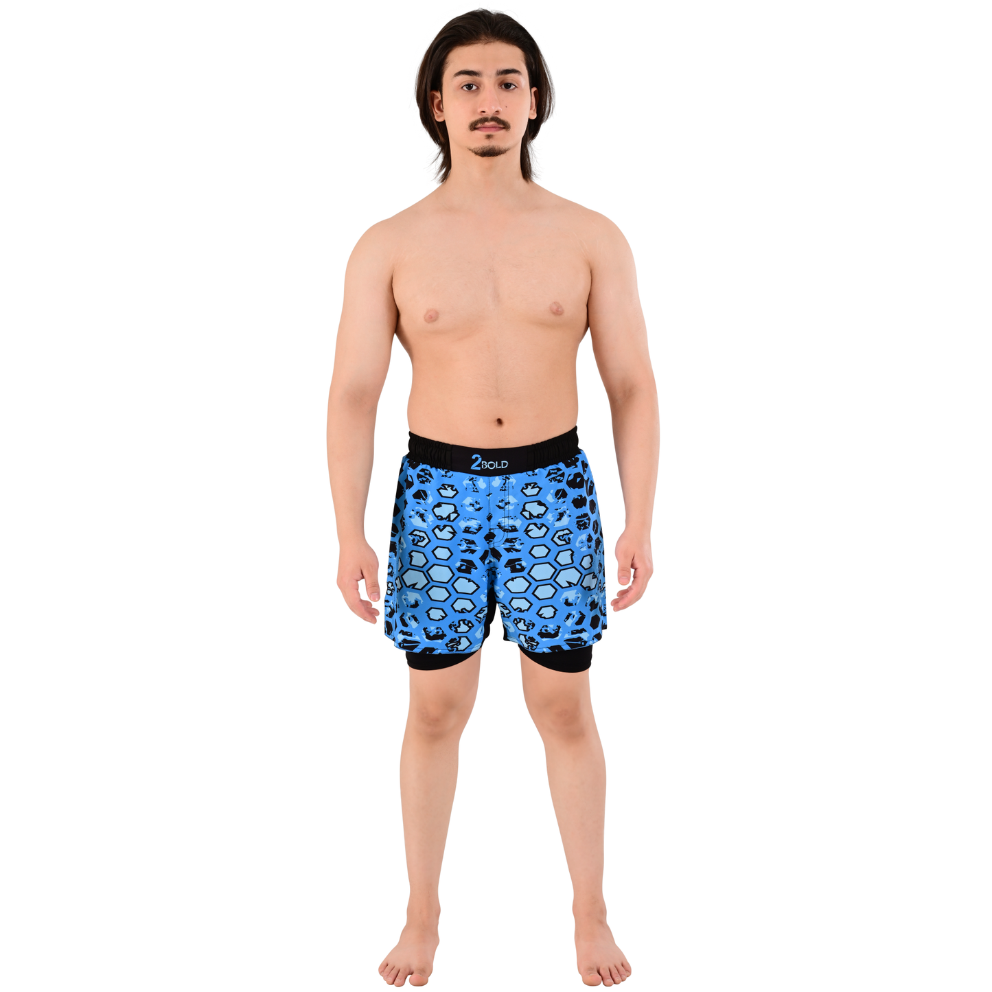 Men's Blue Camo Hybrid Training Shorts – 2-in-1 MMA, BJJ, Running, Gym, Yoga, Sports Shorts with Phone Pocket