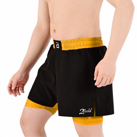 2BOLD Men’s Yellow Black Compression Lined Workout Shorts – MMA, Gym, Running