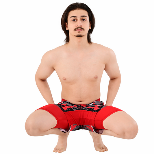 Men's Red Grey Hybrid Training Shorts – 2-in-1 MMA, BJJ, Running, Gym, Yoga, Sports Shorts with Phone Pocket