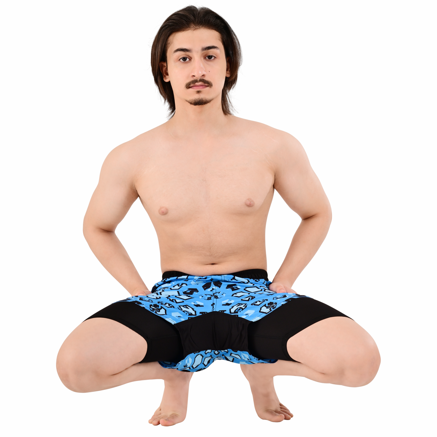 Men's Blue Camo Hybrid Training Shorts – 2-in-1 MMA, BJJ, Running, Gym, Yoga, Sports Shorts with Phone Pocket