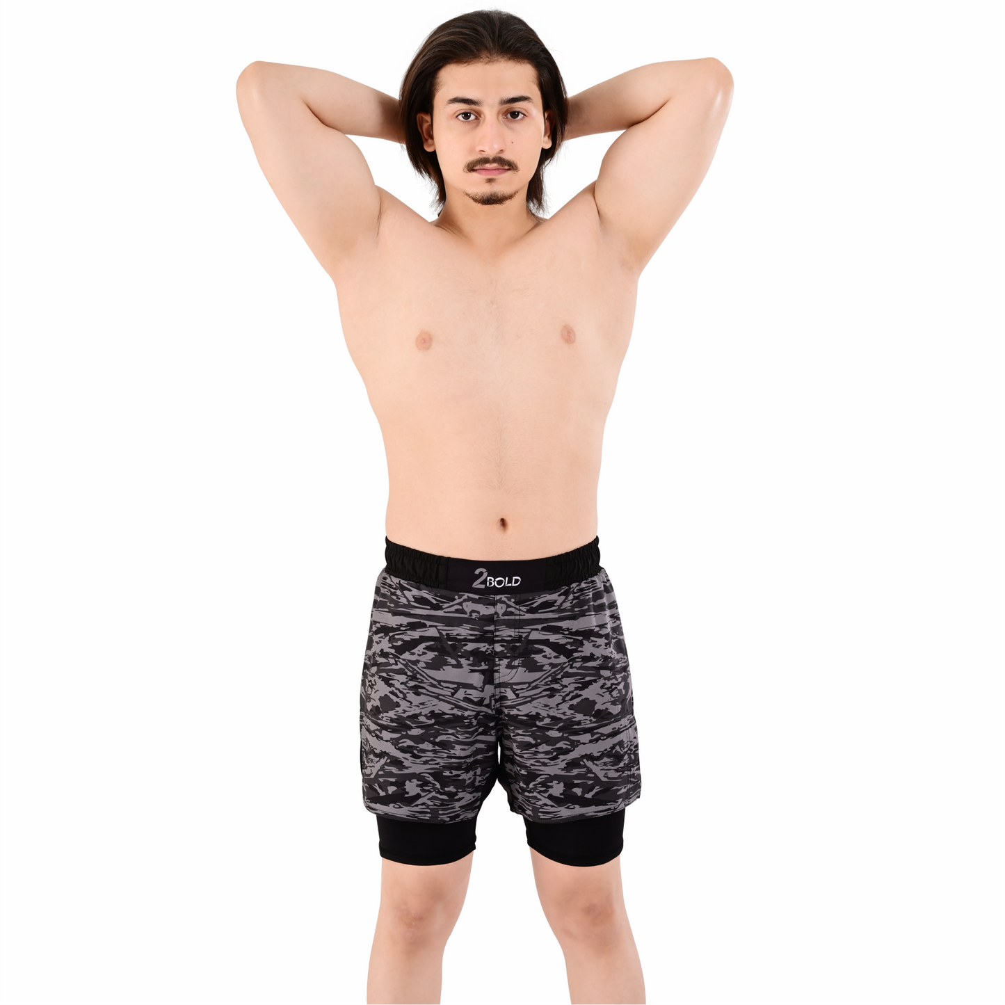 Men's Grey Camo Hybrid Training Shorts – 2-in-1 MMA, BJJ, Running, Gym, Yoga, Sports Shorts with Phone Pocket