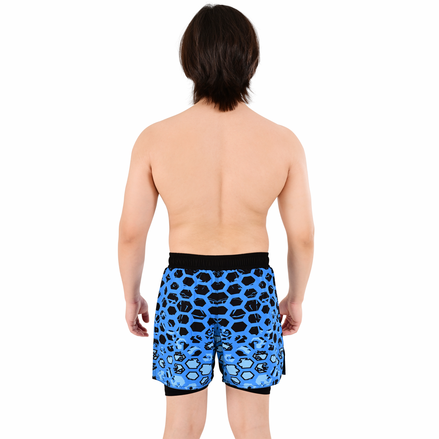 Men's Blue Camo Hybrid Training Shorts – 2-in-1 MMA, BJJ, Running, Gym, Yoga, Sports Shorts with Phone Pocket