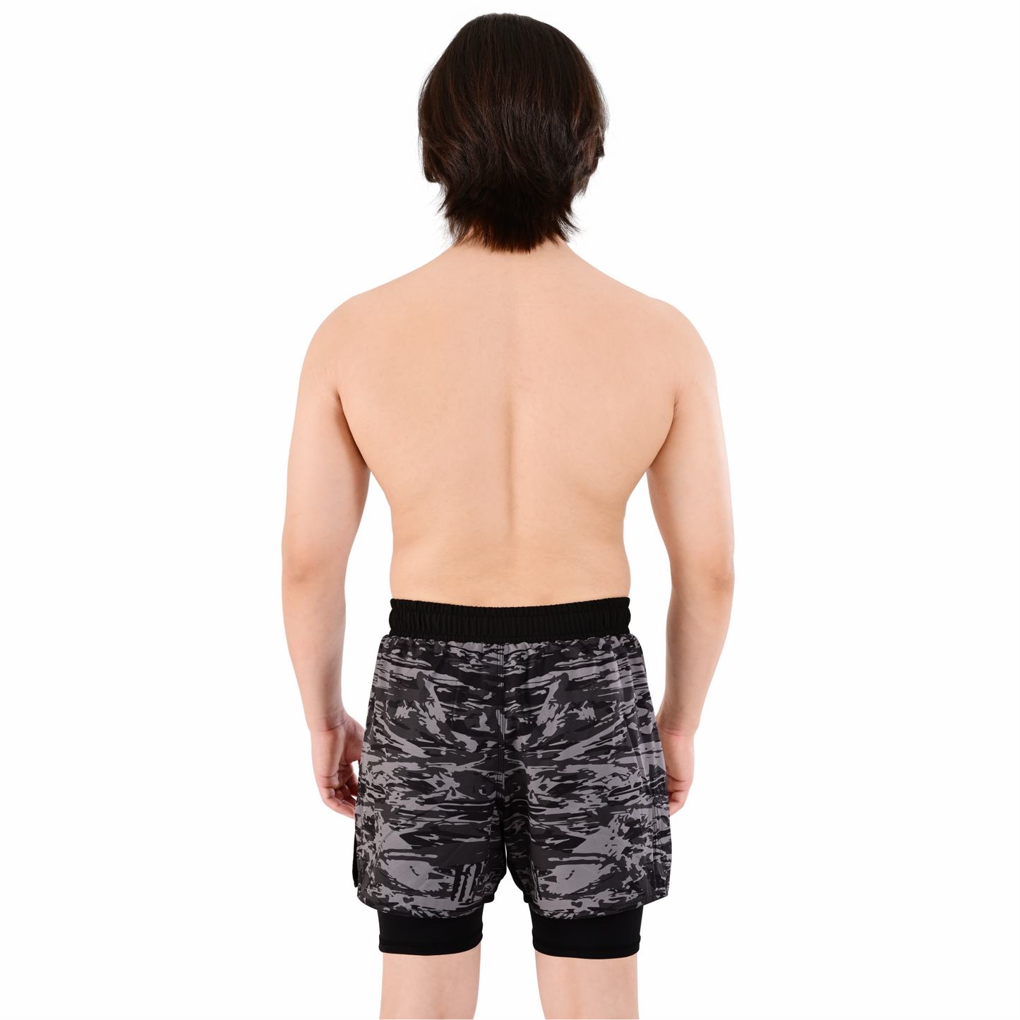Men's Grey Camo Hybrid Training Shorts – 2-in-1 MMA, BJJ, Running, Gym, Yoga, Sports Shorts with Phone Pocket