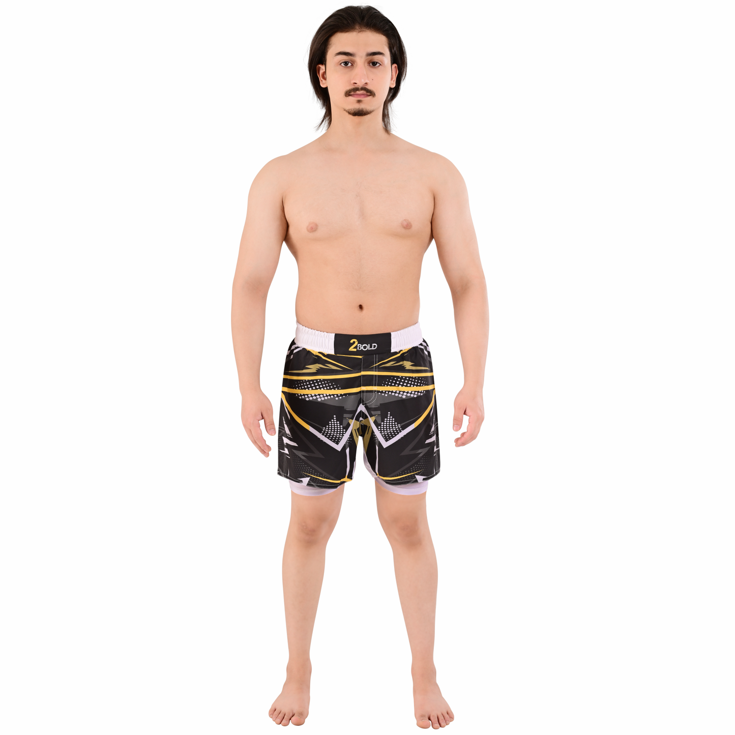 Men's Hybrid Yellow White Training Shorts – 2-in-1 MMA, BJJ, Running, Gym, Yoga, Sports Shorts with Phone Pocket