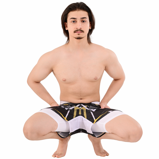 Men's Hybrid Yellow White Training Shorts – 2-in-1 MMA, BJJ, Running, Gym, Yoga, Sports Shorts with Phone Pocket