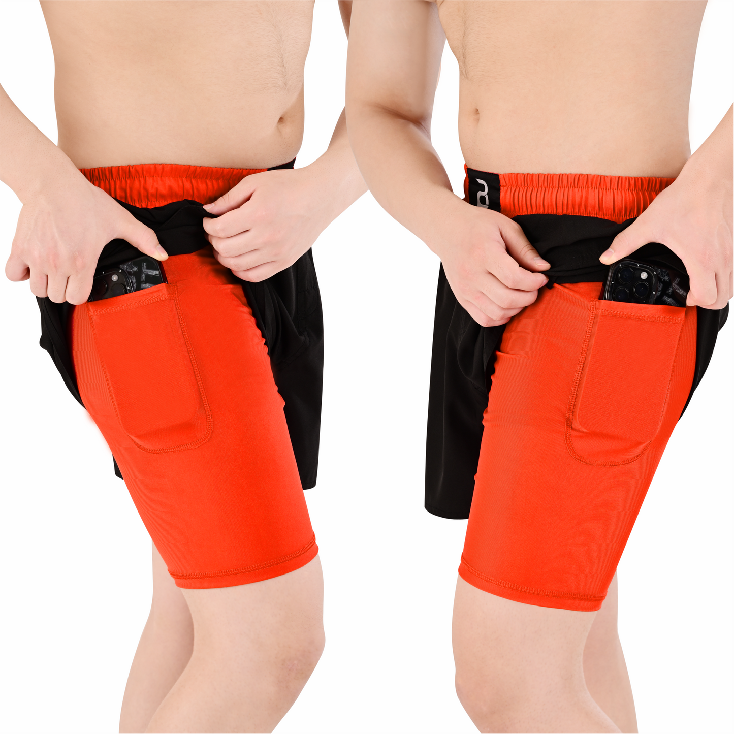 2BOLD Men’s Orange Black Compression Lined Workout Shorts – MMA, Gym, Running