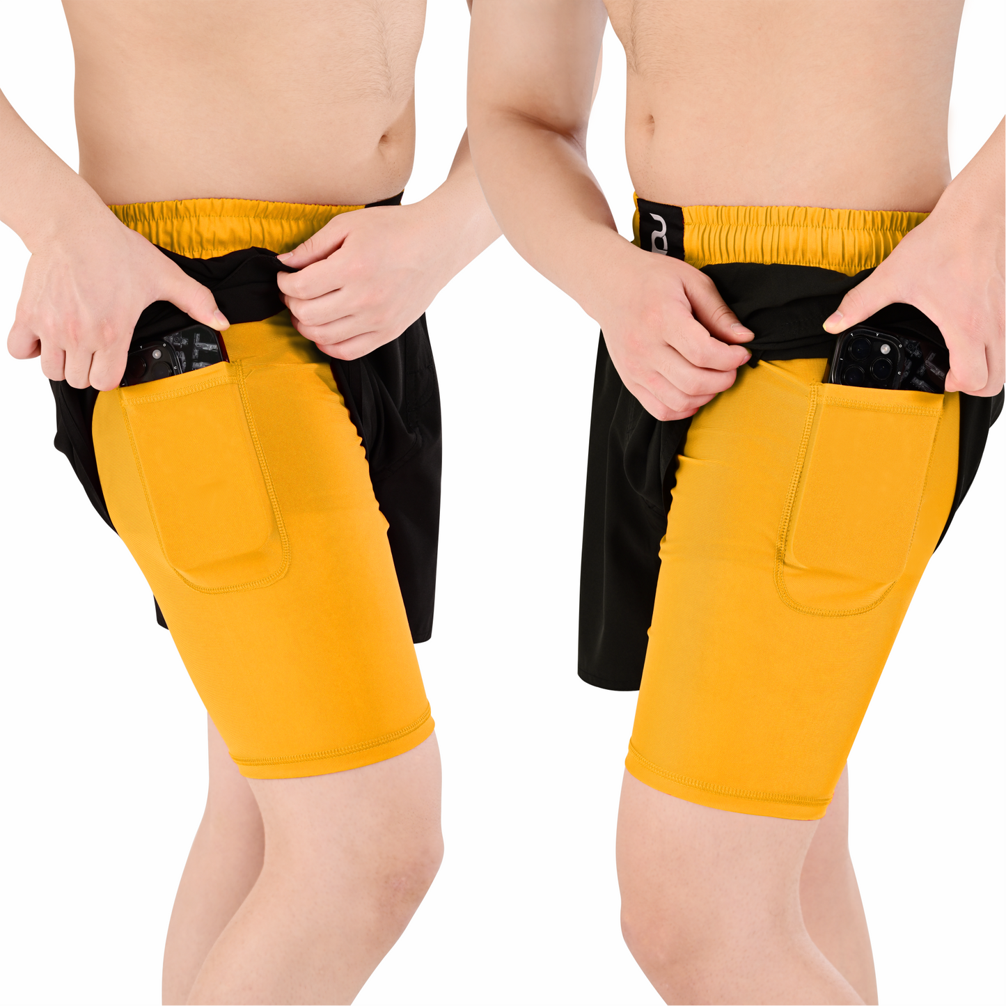 2BOLD Men’s Yellow Black Compression Lined Workout Shorts – MMA, Gym, Running