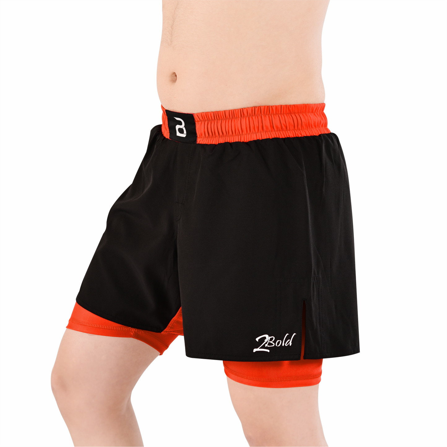 2BOLD Men’s Orange Black Compression Lined Workout Shorts – MMA, Gym, Running