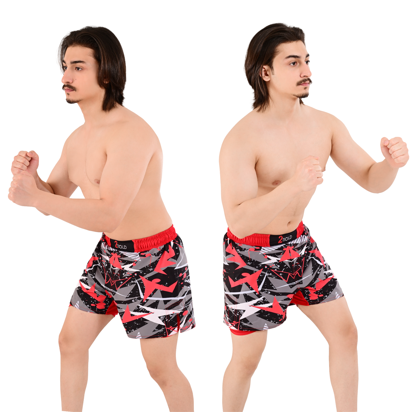 Men's Red Grey Hybrid Training Shorts – 2-in-1 MMA, BJJ, Running, Gym, Yoga, Sports Shorts with Phone Pocket