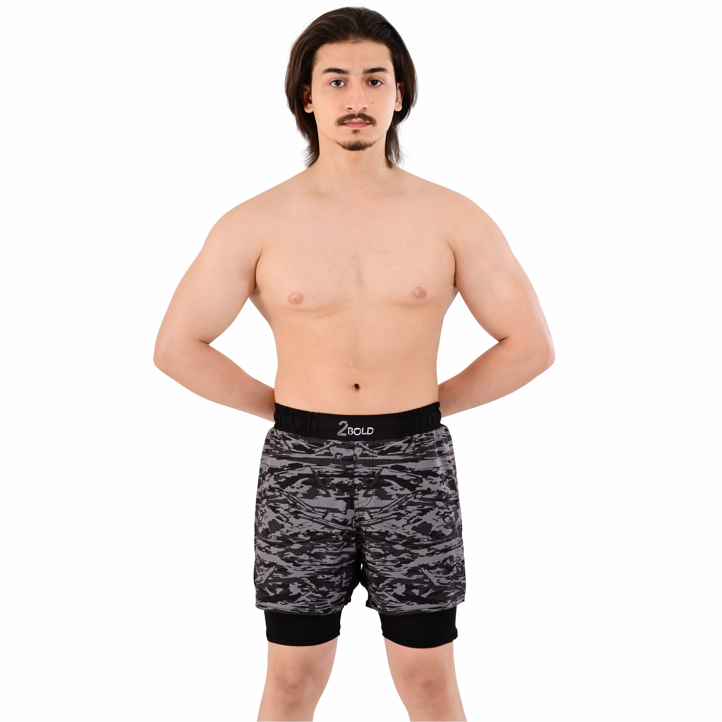 Men's Grey Camo Hybrid Training Shorts – 2-in-1 MMA, BJJ, Running, Gym, Yoga, Sports Shorts with Phone Pocket
