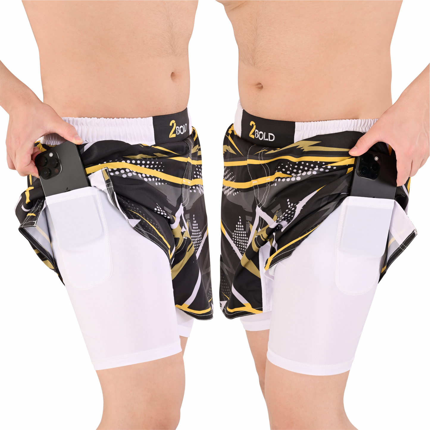 Men's Hybrid Yellow White Training Shorts – 2-in-1 MMA, BJJ, Running, Gym, Yoga, Sports Shorts with Phone Pocket