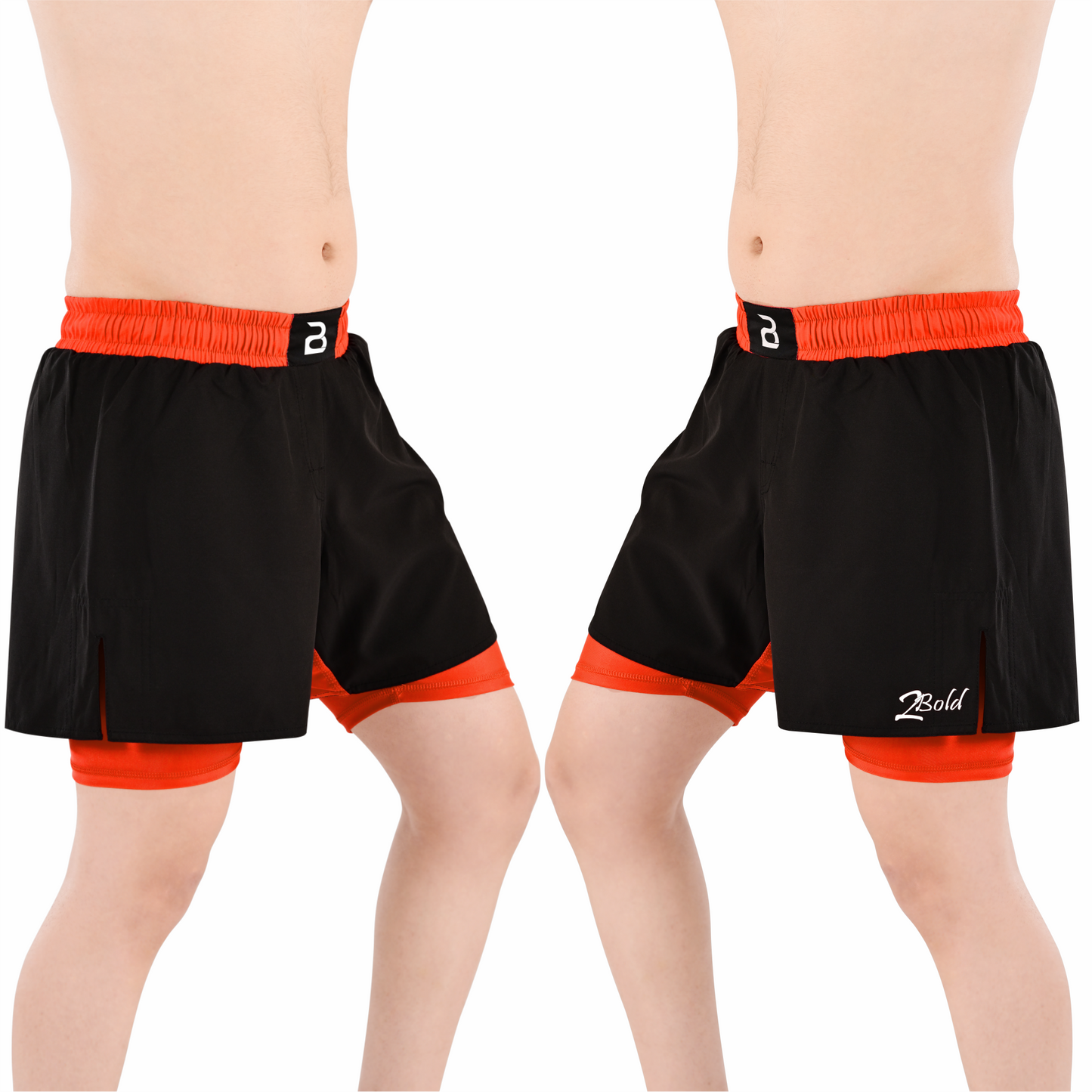 2BOLD Men’s Orange Black Compression Lined Workout Shorts – MMA, Gym, Running