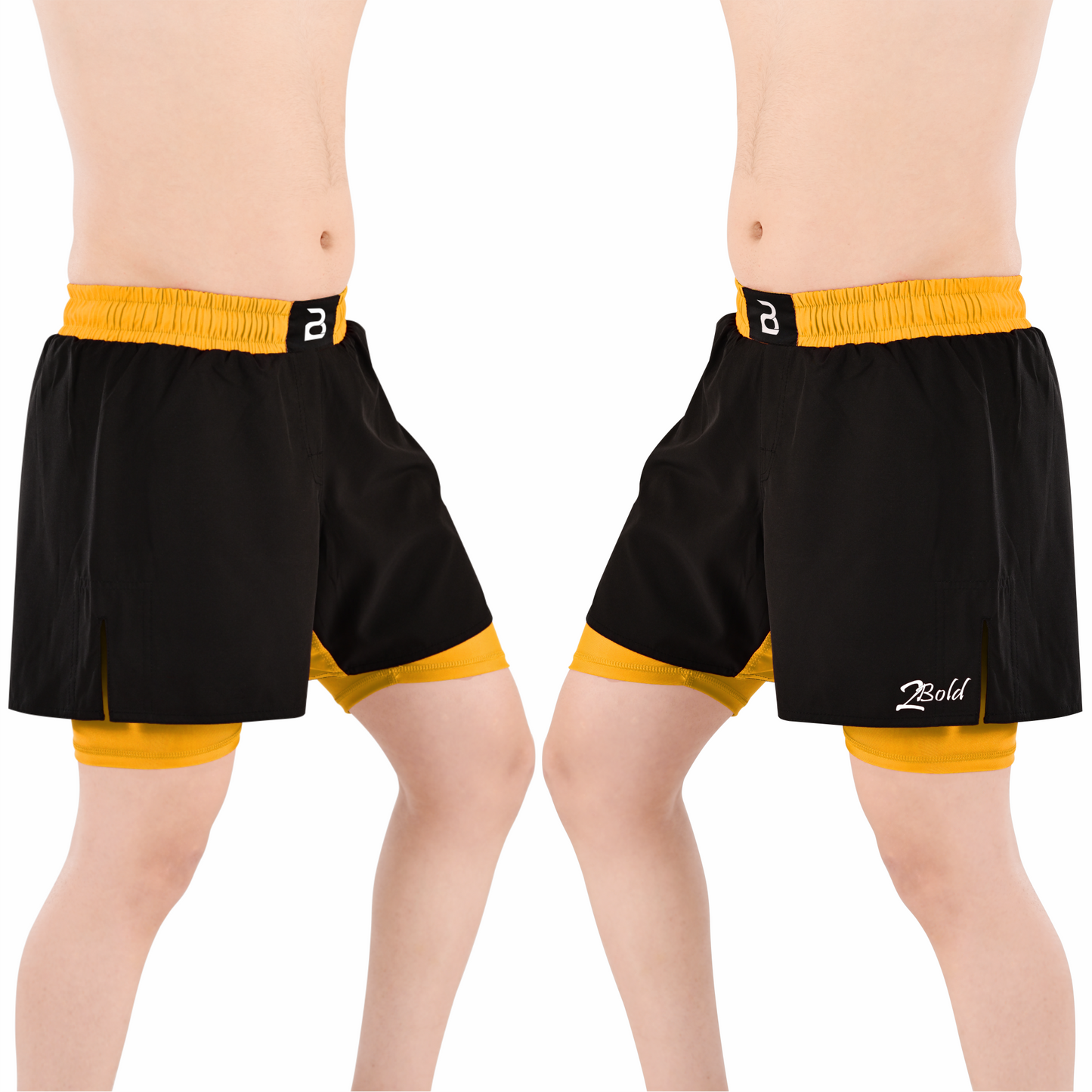 2BOLD Men’s Yellow Black Compression Lined Workout Shorts – MMA, Gym, Running