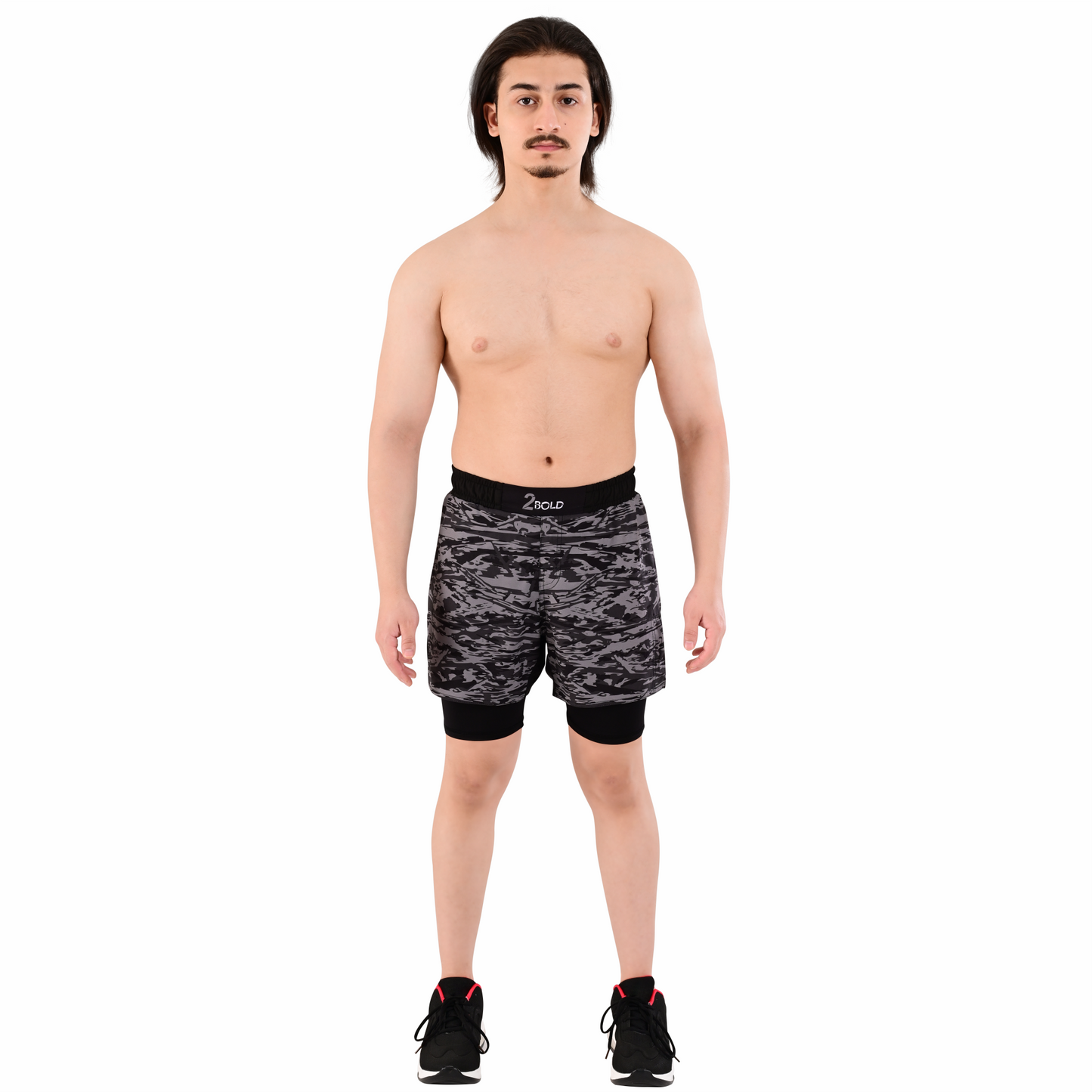 Men's Grey Camo Hybrid Training Shorts – 2-in-1 MMA, BJJ, Running, Gym, Yoga, Sports Shorts with Phone Pocket