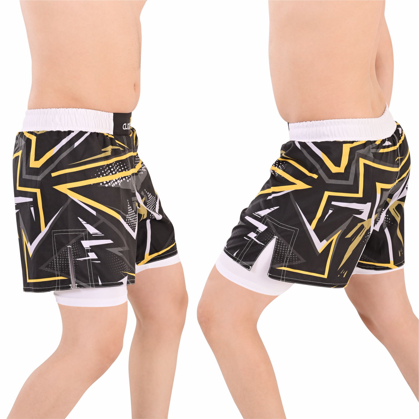 Men's Hybrid Yellow White Training Shorts – 2-in-1 MMA, BJJ, Running, Gym, Yoga, Sports Shorts with Phone Pocket