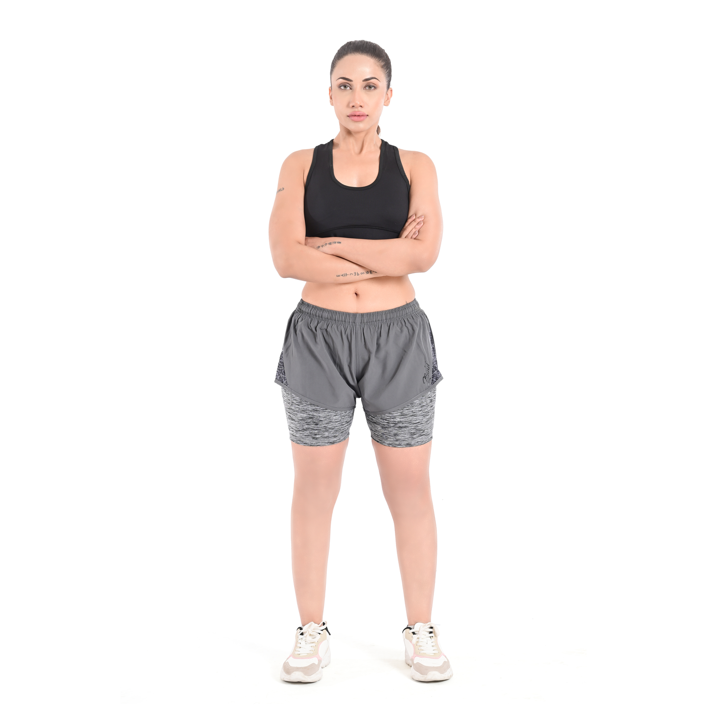 2Bold Gray Women’s 2-in-1 Running & MMA Training Shorts – Compression Liner With Phone Pockets