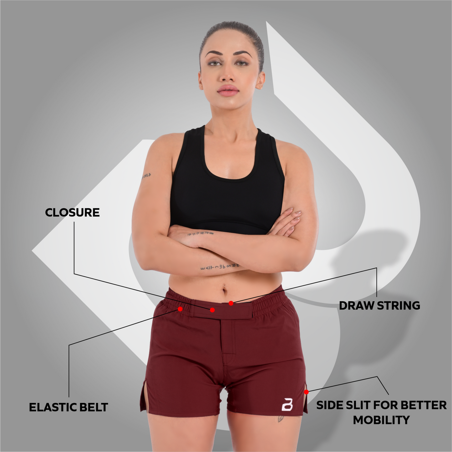 2BOLD Burgundy Women’s MMA Grappling Shorts – BJJ, No-Gi, Muay Thai, Yoga, Training & Workout Shorts
