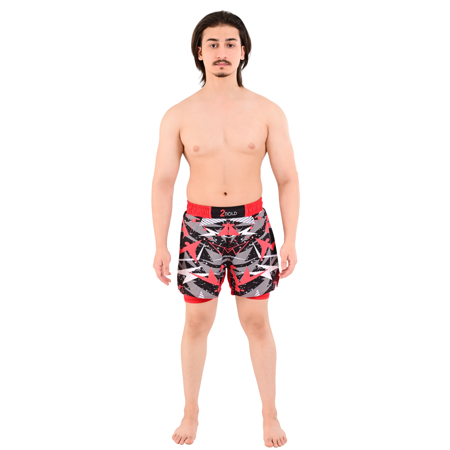 Men's Red Grey Hybrid Training Shorts – 2-in-1 MMA, BJJ, Running, Gym, Yoga, Sports Shorts with Phone Pocket