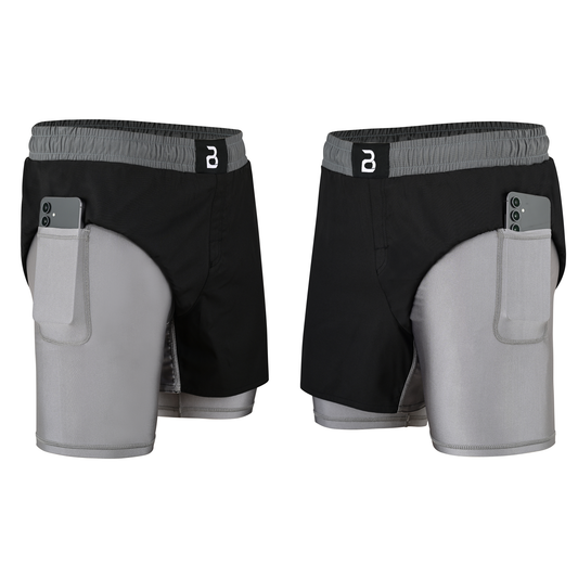 2BOLD Men’s Grey Black Compression Lined Workout Shorts – MMA, Gym, Running