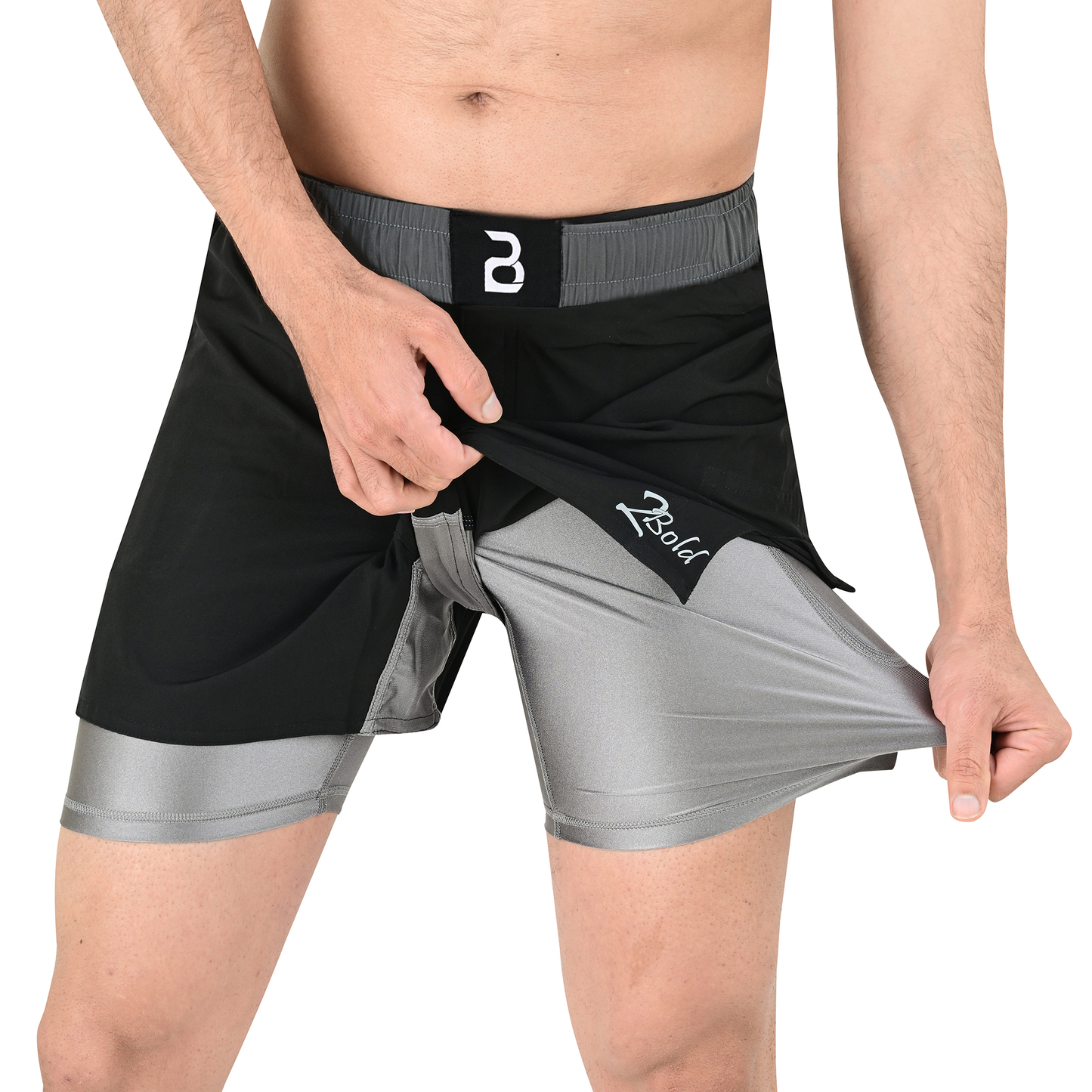 2BOLD Men’s Grey Black Compression Lined Workout Shorts – MMA, Gym, Running