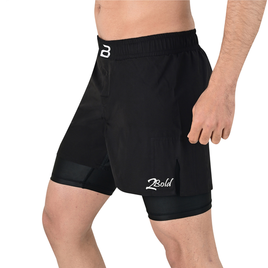 2BOLD MMA Black Shorts Men’s 2 in 1 Jiu-Jitsu Built in Compression Lining Athletic Gym Boxing Muay Thai BJJ No-Gi Grappling Shorts