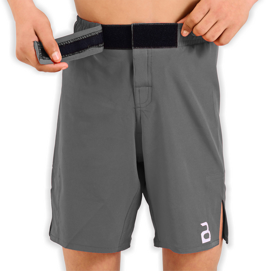 Youth MMA Grey Grappling Shorts – Kids BJJ No-Gi Fight Shorts for Training & Competition