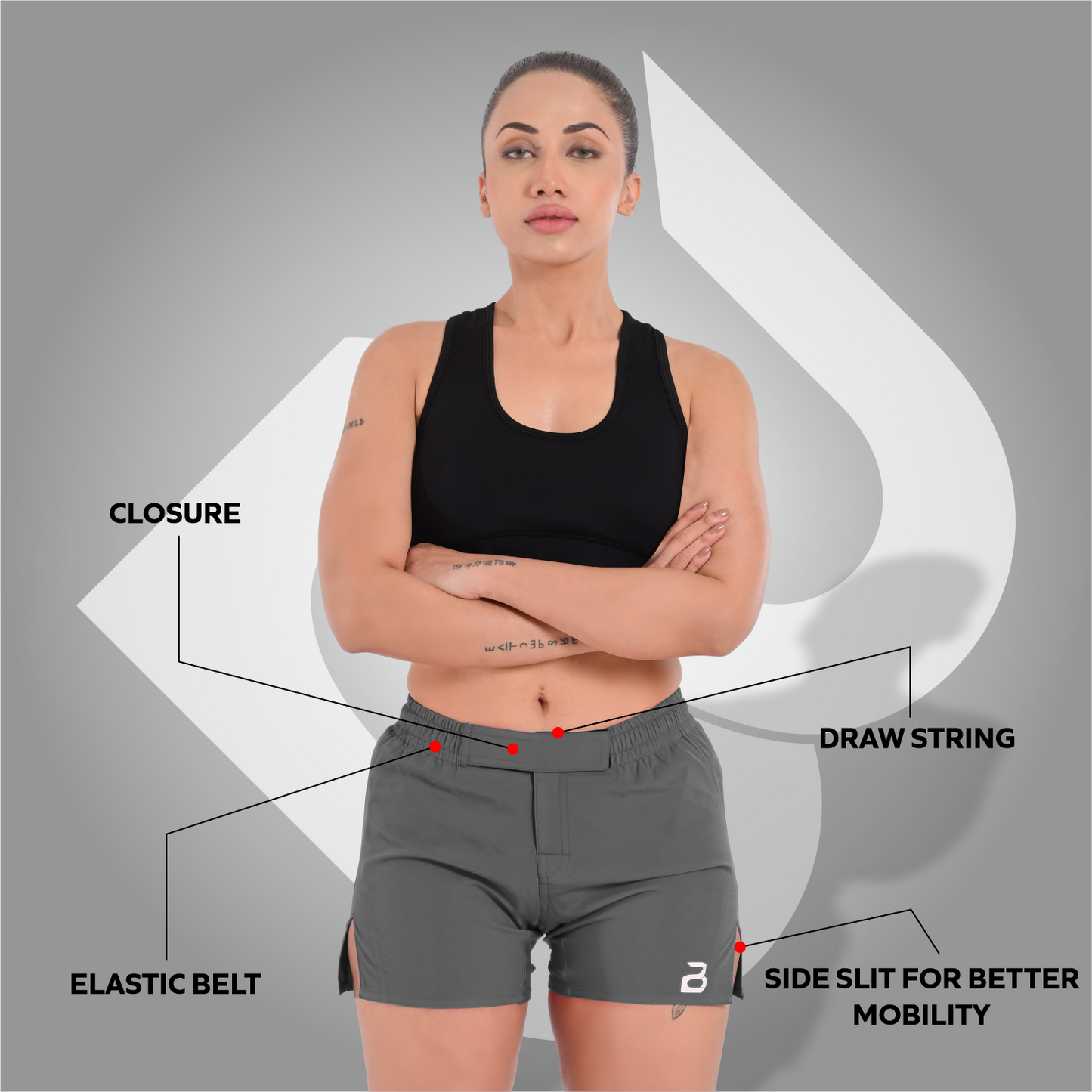 2BOLD Gray Women’s MMA Grappling Shorts – BJJ, No-Gi, Muay Thai, Yoga, Training & Workout Shorts
