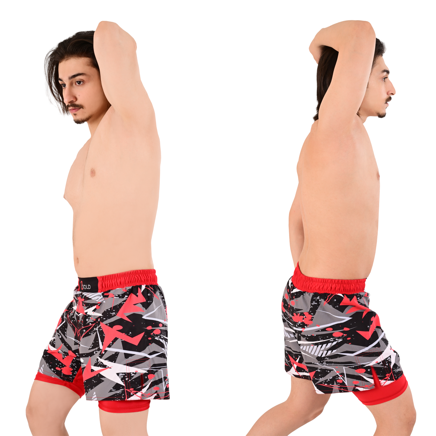 Men's Red Grey Hybrid Training Shorts – 2-in-1 MMA, BJJ, Running, Gym, Yoga, Sports Shorts with Phone Pocket