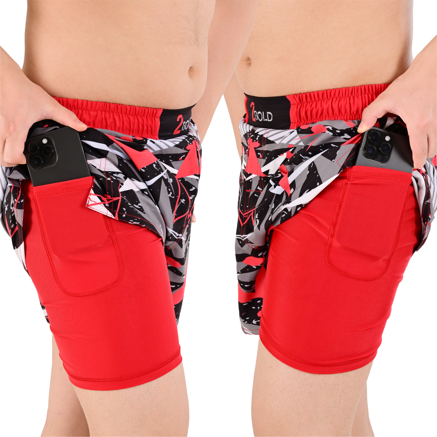 Men's Red Grey Hybrid Training Shorts – 2-in-1 MMA, BJJ, Running, Gym, Yoga, Sports Shorts with Phone Pocket