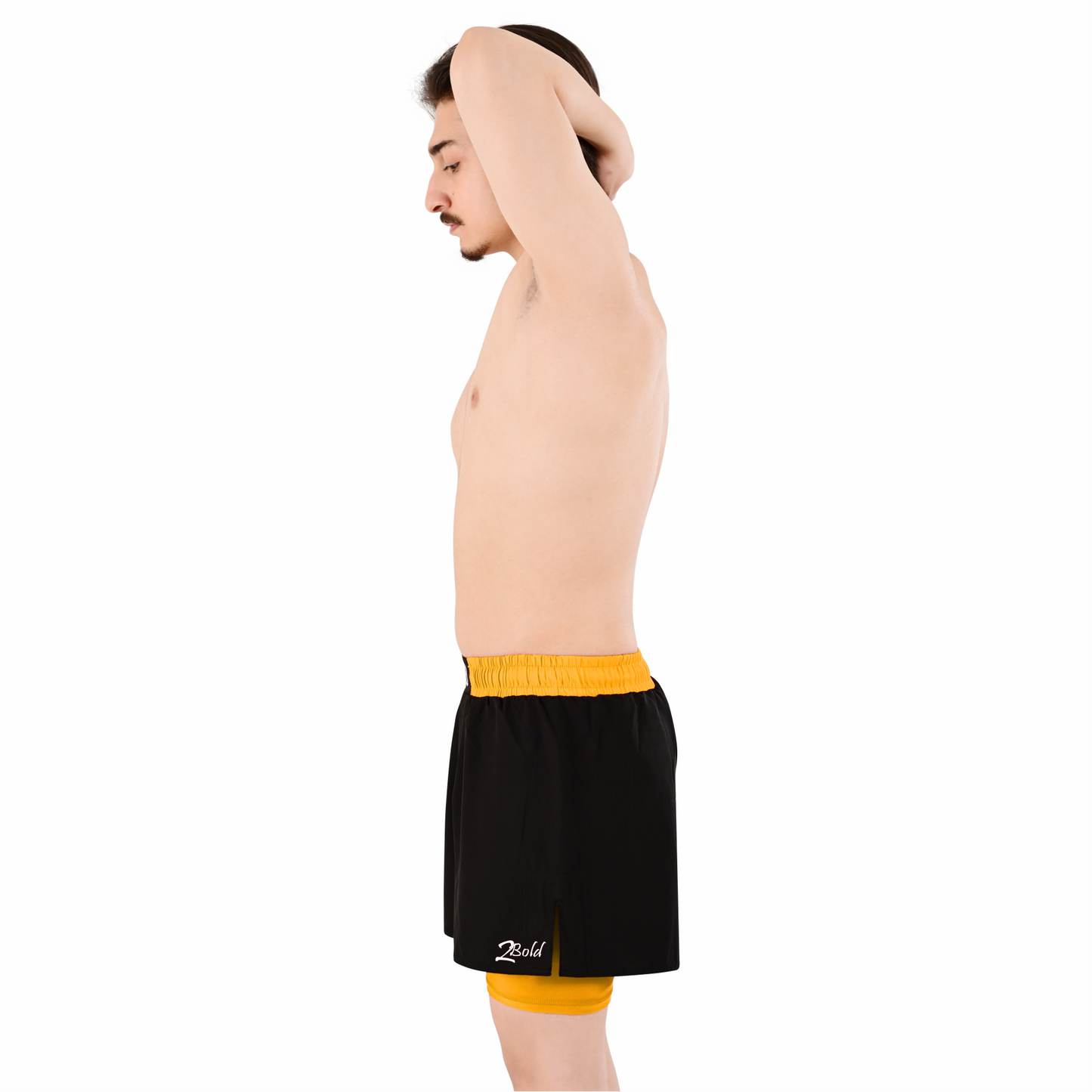 2BOLD Men’s Yellow Black Compression Lined Workout Shorts – MMA, Gym, Running