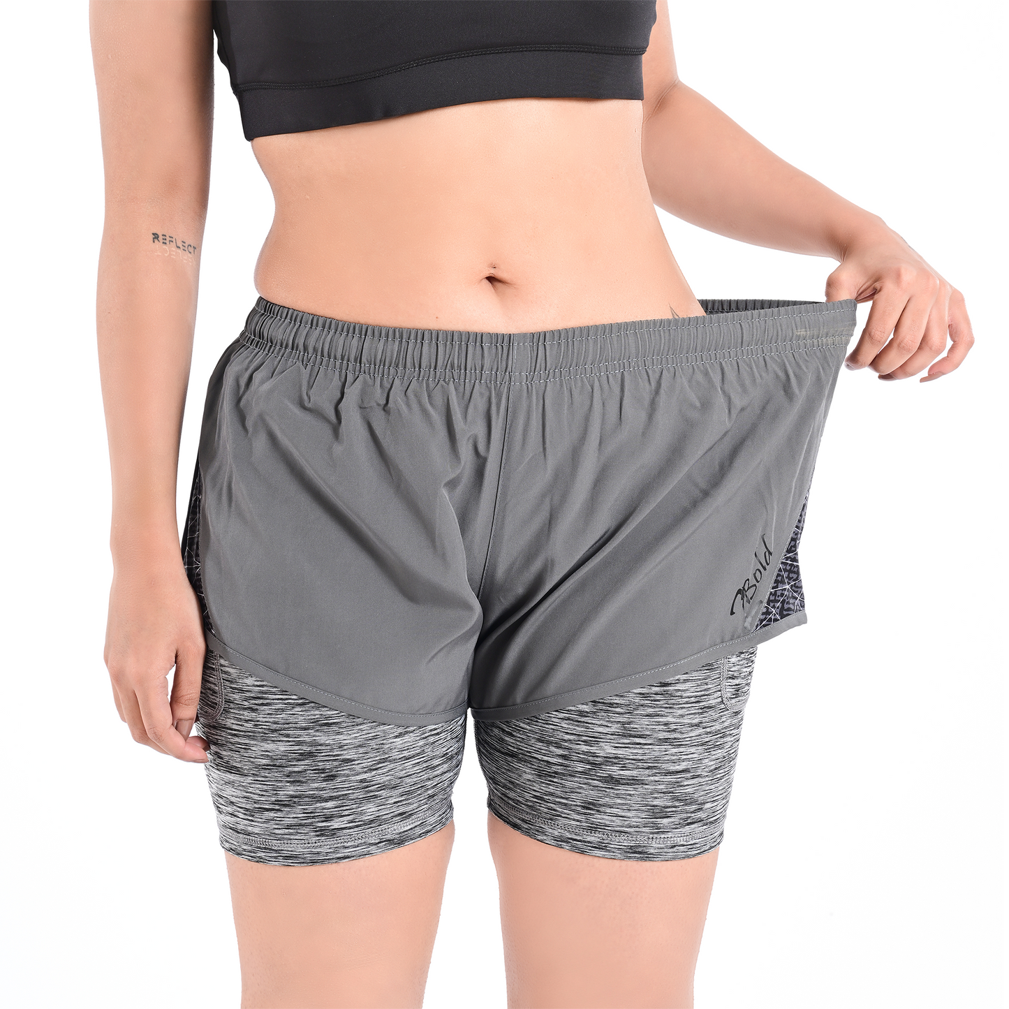 2Bold Gray Women’s 2-in-1 Running & MMA Training Shorts – Compression Liner With Phone Pockets