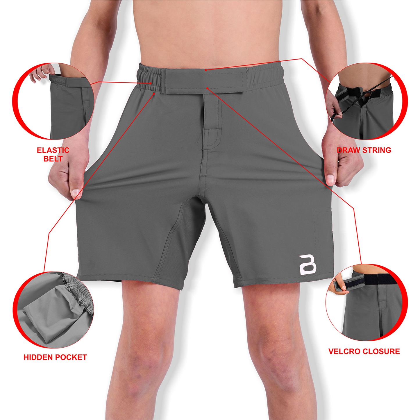 Youth MMA Grey Grappling Shorts – Kids BJJ No-Gi Fight Shorts for Training & Competition