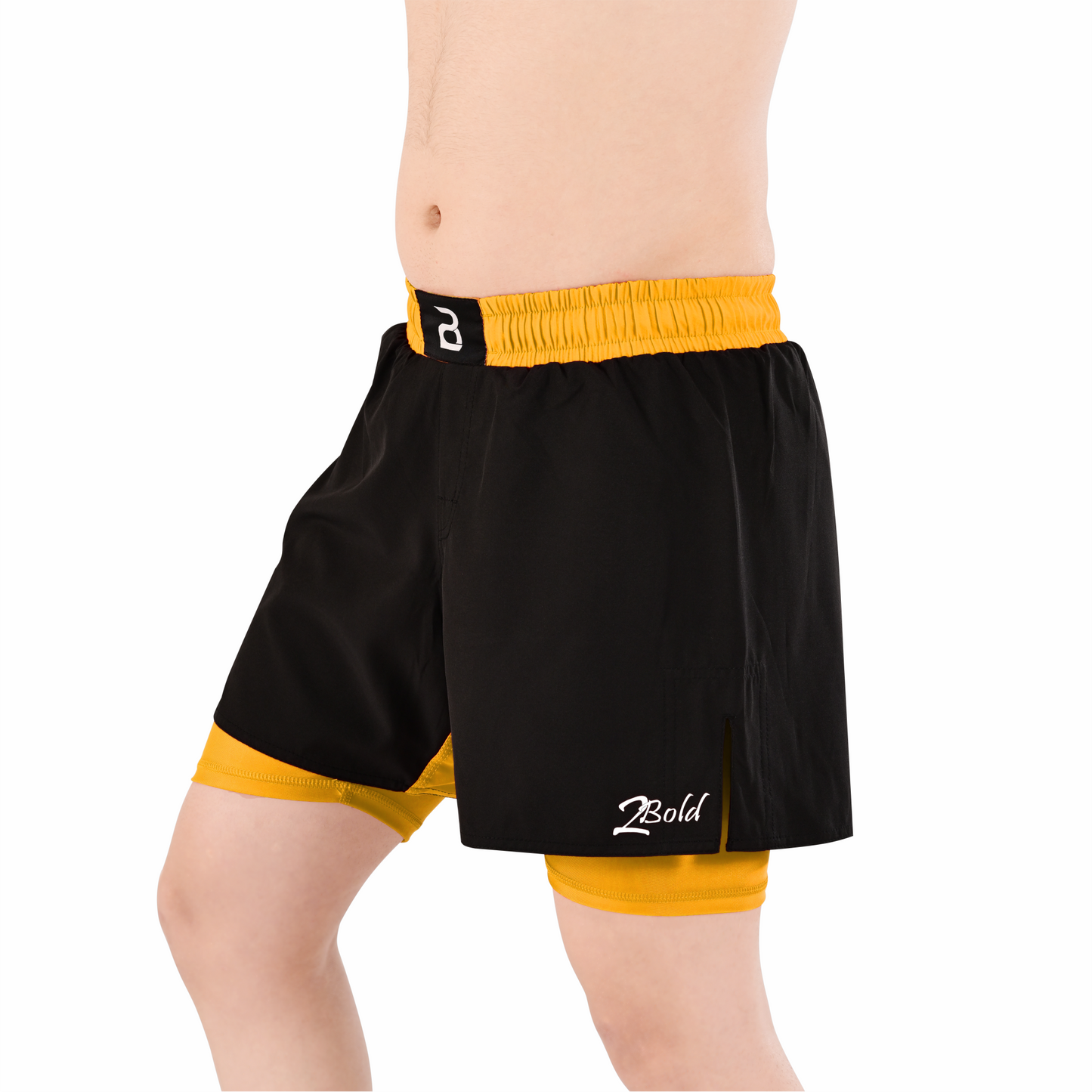 2BOLD Men’s Yellow Black Compression Lined Workout Shorts – MMA, Gym, Running