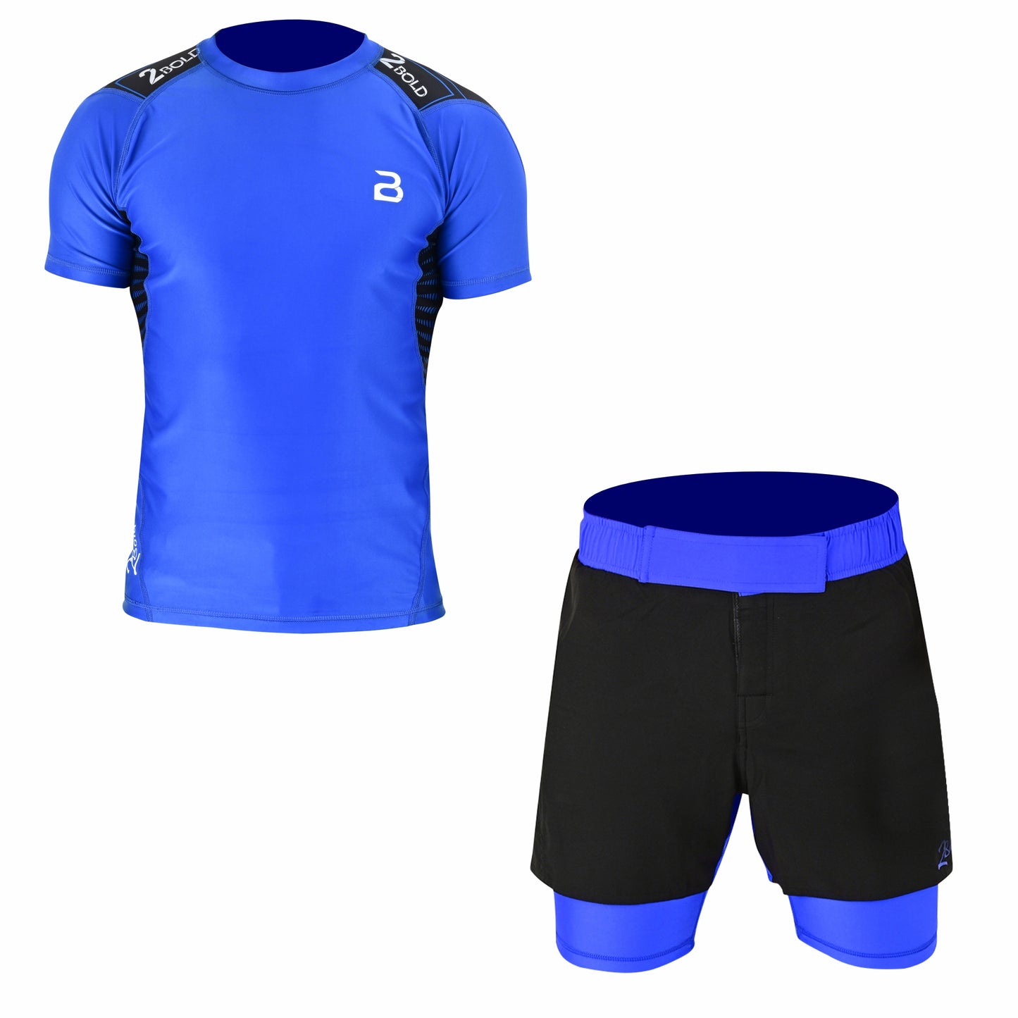 2Bold Men’s Blue BJJ Rash Guard and MMA Shorts Set – Jiujitsu, Grappling, Kickboxing Training Gear