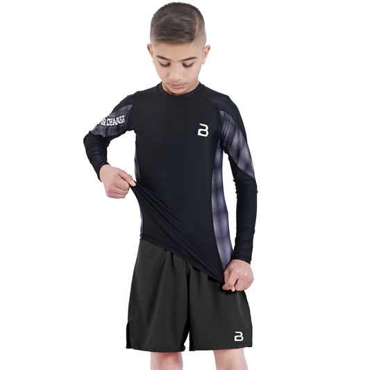 Kids Black BJJ Rash Guard and MMA Shorts Set – Youth No-Gi Jiu Jitsu, Grappling, Training Gear
