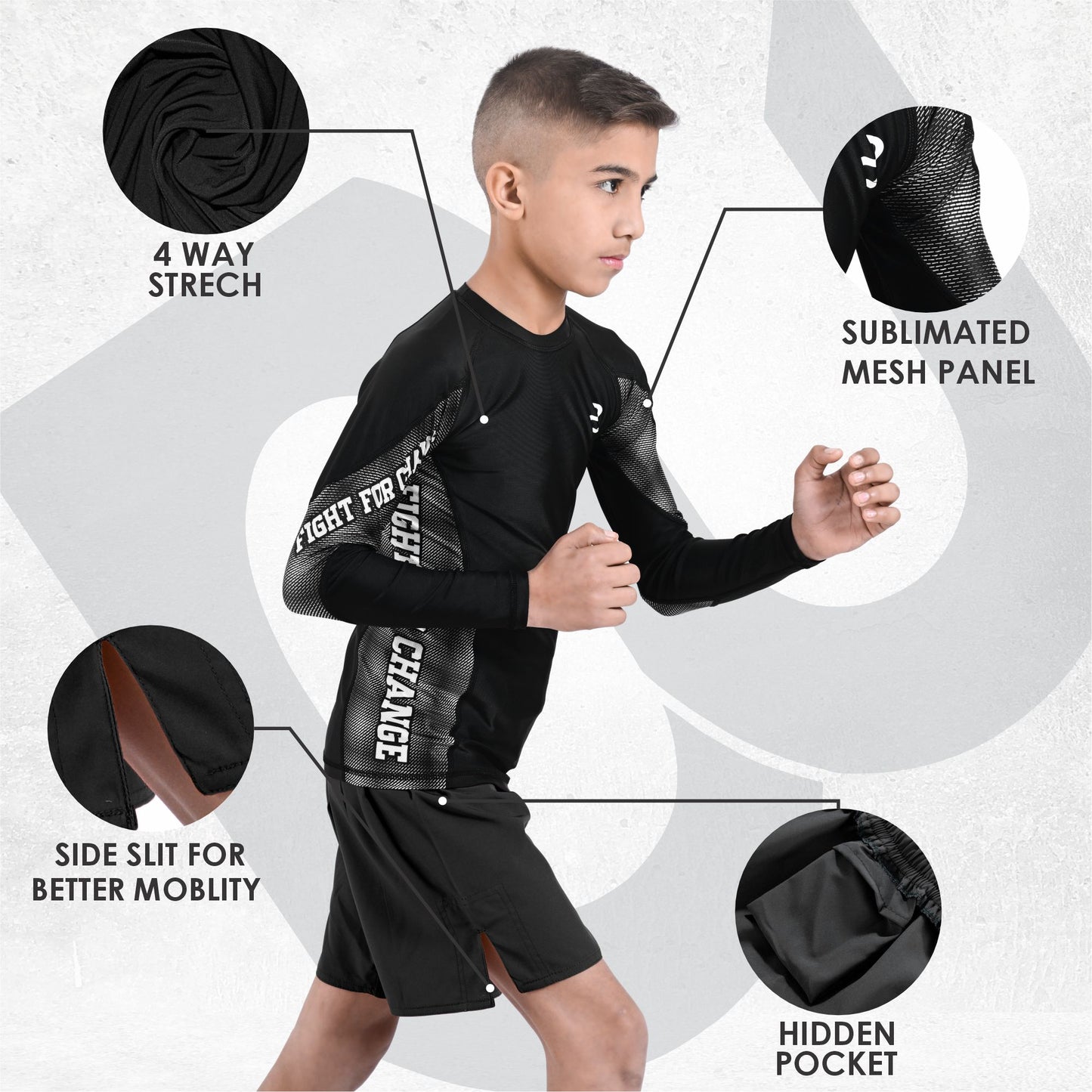 Kids Black BJJ Rash Guard and MMA Shorts Set – Youth No-Gi Jiu Jitsu, Grappling, Training Gear