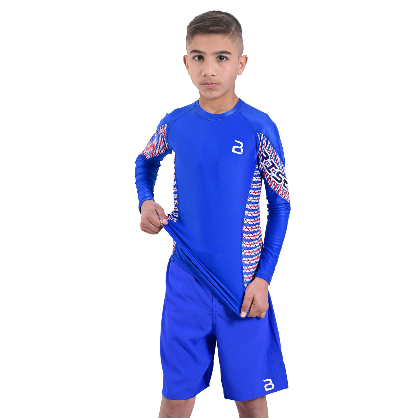 Kids Blue BJJ Rash Guard and MMA Shorts Set – Youth No-Gi Jiu Jitsu, Grappling, Training Gear