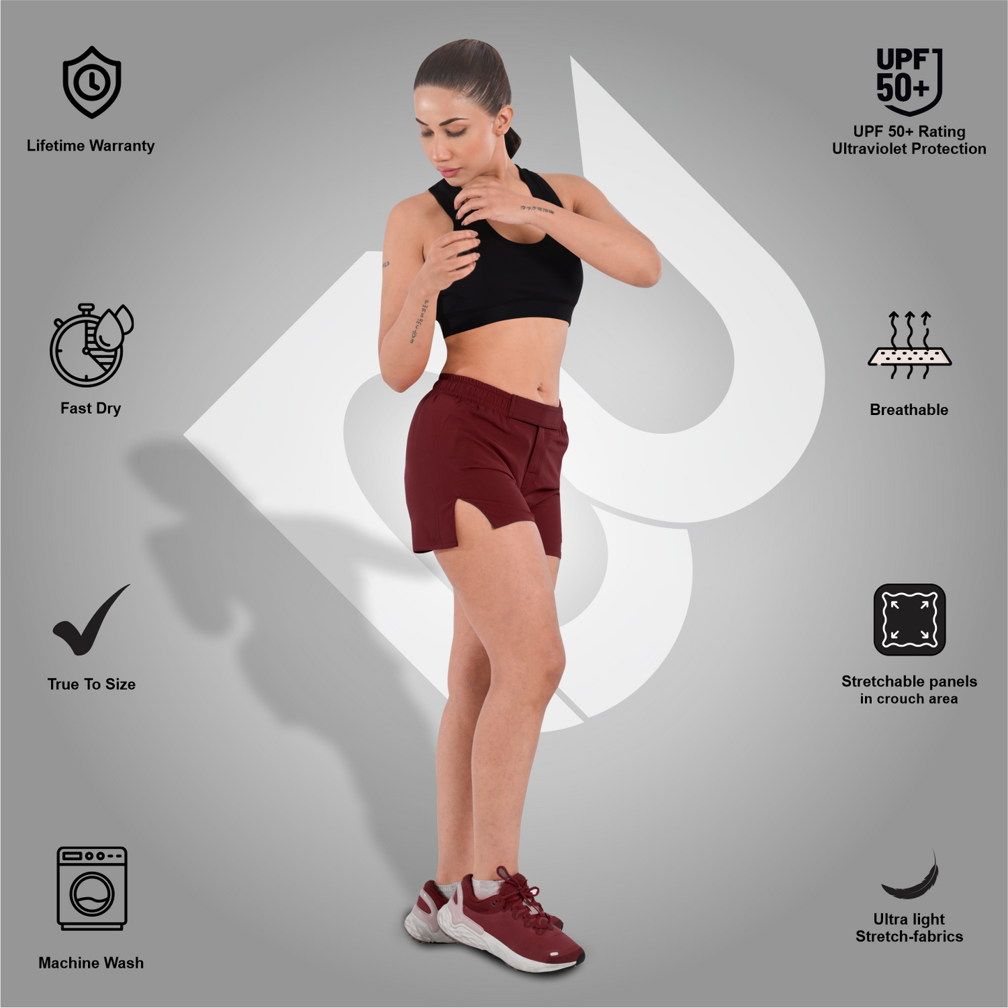 2BOLD Burgundy Women’s MMA Grappling Shorts – BJJ, No-Gi, Muay Thai, Yoga, Training & Workout Shorts