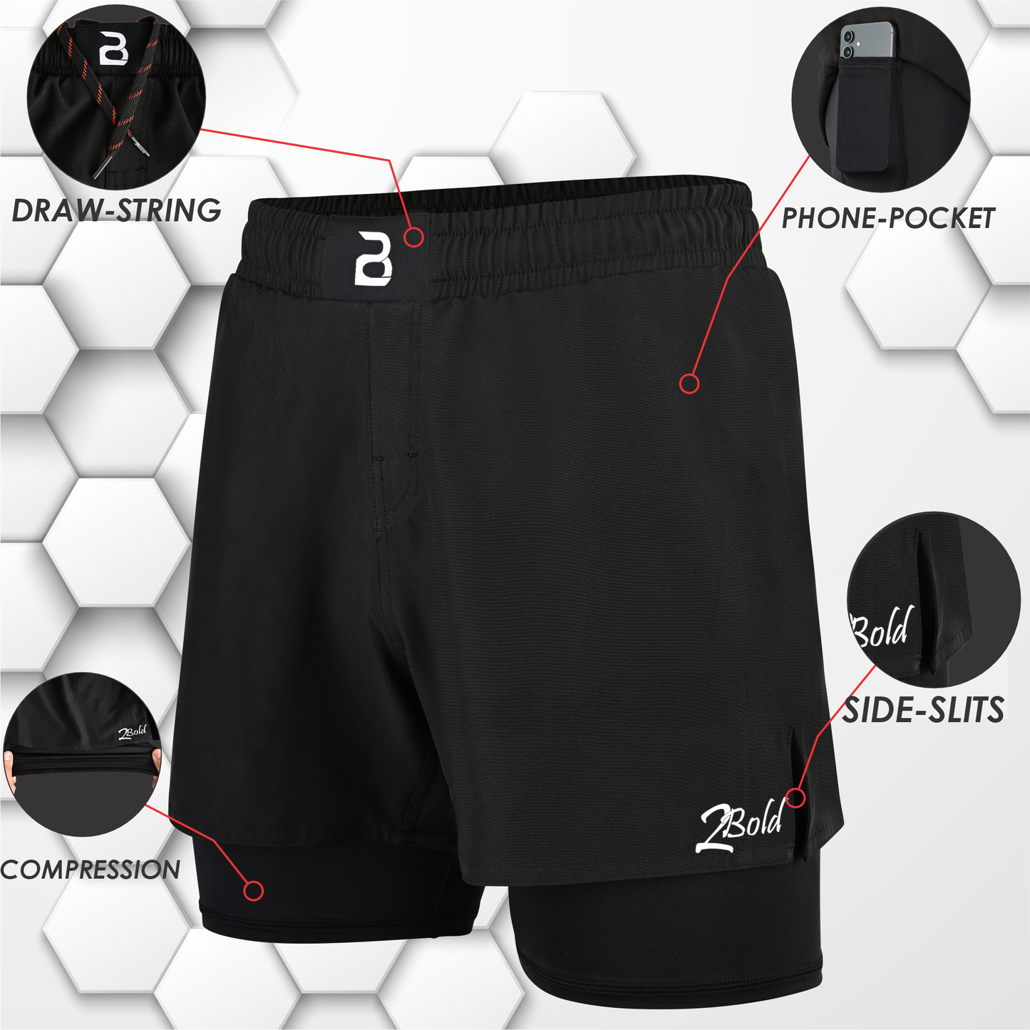 2BOLD Youth Black Hybrid Athletic Shorts | Compression Lined Boys Sports Shorts