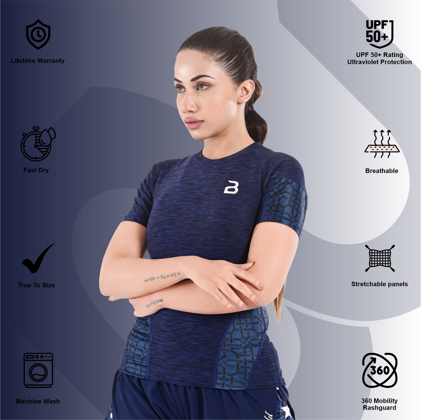 2Bold Blue Women’s Rash Guard –Long Sleeve Compression Shirt for MMA, BJJ, Yoga, Surf, Running & Gym Training Women Half sleeve Rash guard