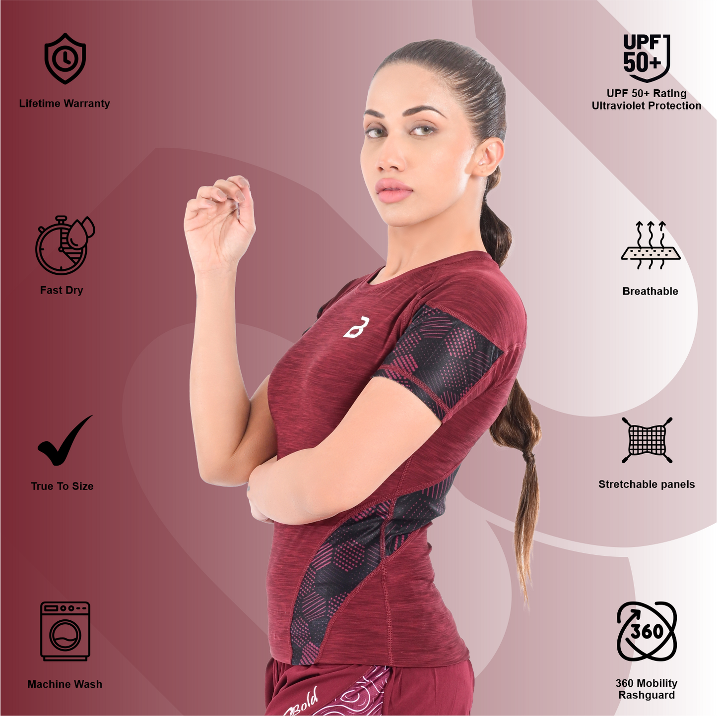 2Bold Maroon Women’s Rash Guard –Long Sleeve Compression Shirt for MMA, BJJ, Yoga, Surf, Running & Gym Training Women Half sleeve Rash guard