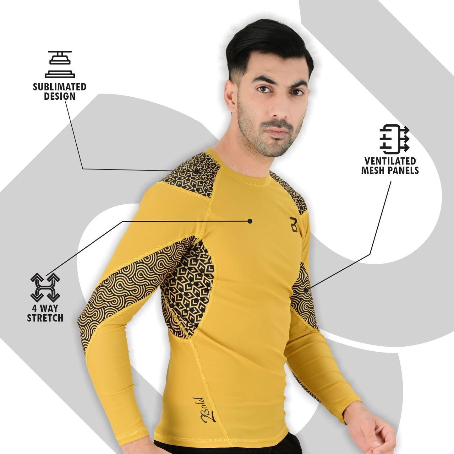 2BOLD Men’s Yellow Long Sleeve BJJ Rash Guard Swim Shirt